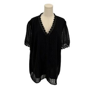 Black Plus Size 2XL V Neck Lace Trimmed Sheer Dot Blouse Top